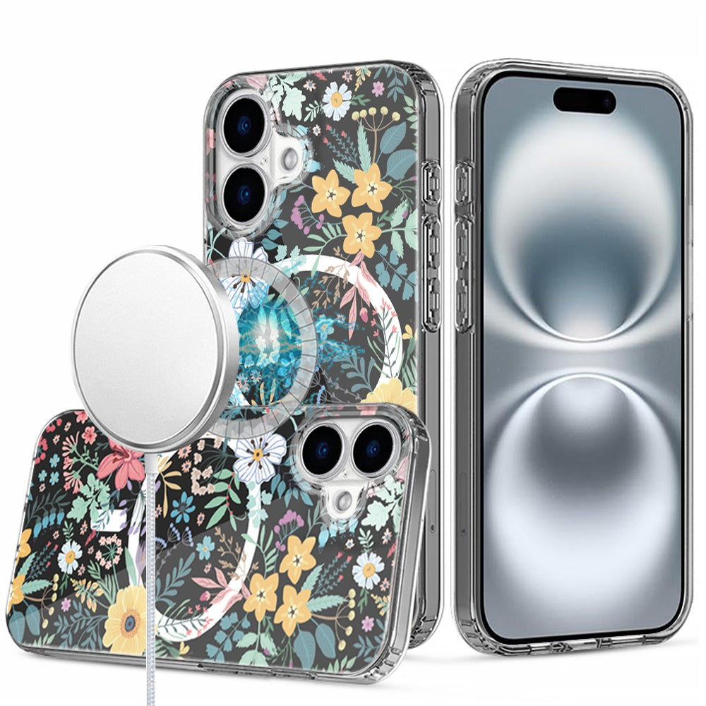 For iPhone 16 6.1inch Case Floral Print Clear Magnetic Circle + Tempered Glass
