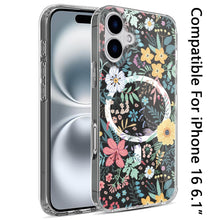 For iPhone 16 6.1inch Case Floral Print Clear Magnetic Circle + Tempered Glass