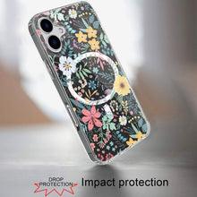 For iPhone 16 6.1inch Case Floral Print Clear Magnetic Circle + Tempered Glass