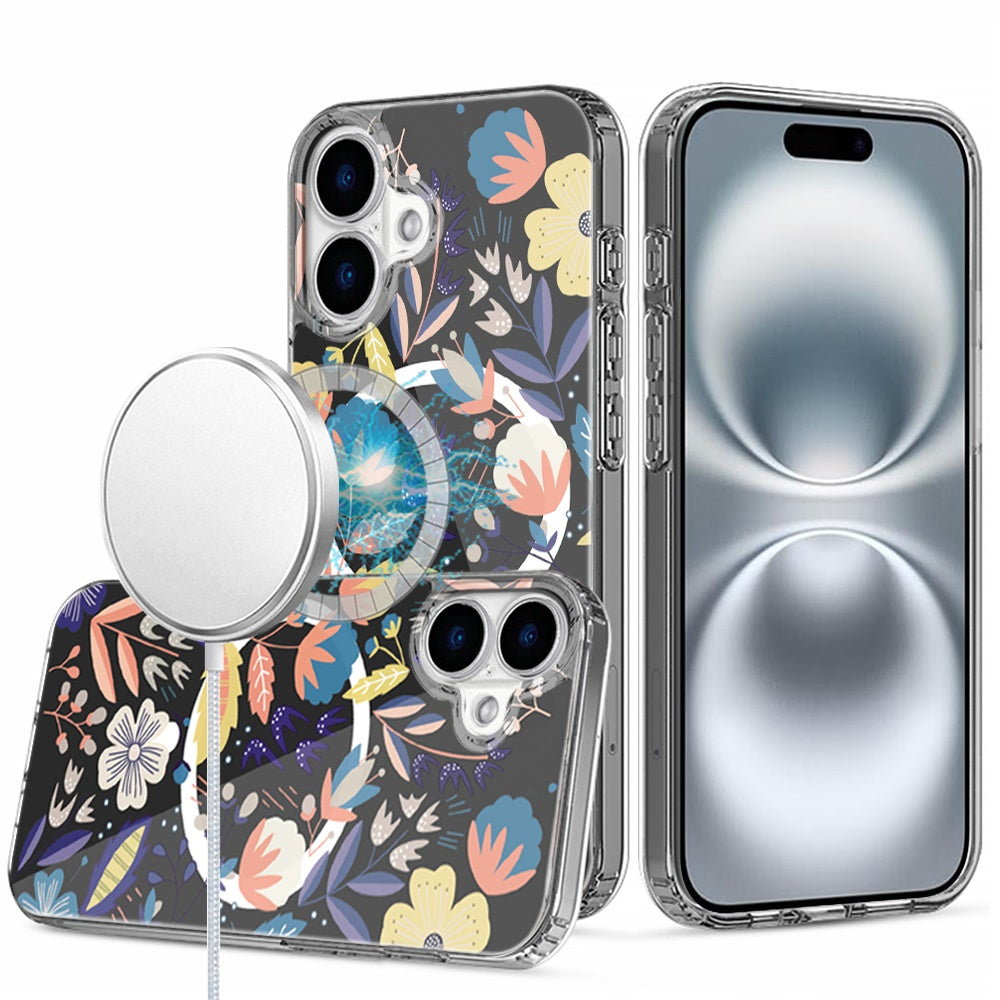 For iPhone 16 6.1inch Case Floral Print Clear Magnetic Circle + Tempered Glass