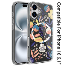 For iPhone 16 6.1inch Case Floral Print Clear Magnetic Circle + Tempered Glass