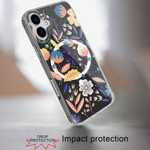 For iPhone 16 6.1inch Case Floral Print Clear Magnetic Circle + Tempered Glass