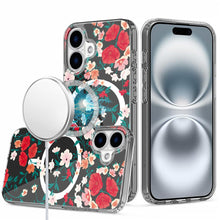 For iPhone 16 6.1inch Case Floral Print Clear Magnetic Circle + Tempered Glass