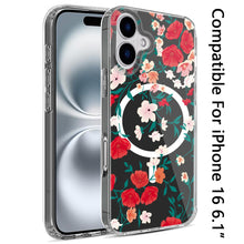 For iPhone 16 6.1inch Case Floral Print Clear Magnetic Circle + Tempered Glass