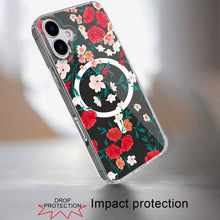 For iPhone 16 6.1inch Case Floral Print Clear Magnetic Circle + Tempered Glass