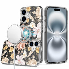 For iPhone 16 6.1inch Case Floral Print Clear Magnetic Circle + Tempered Glass