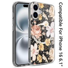 For iPhone 16 6.1inch Case Floral Print Clear Magnetic Circle + Tempered Glass