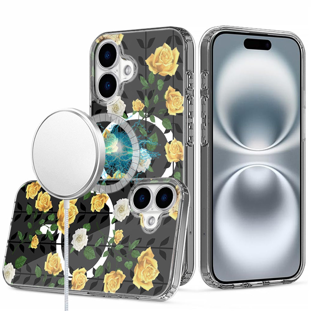 For iPhone 16 6.1inch Case Floral Print Clear Magnetic Circle + Tempered Glass