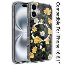For iPhone 16 6.1inch Case Floral Print Clear Magnetic Circle + Tempered Glass