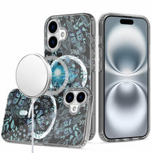 For iPhone 16 6.1inch Case Floral Print Clear Magnetic Circle + Tempered Glass