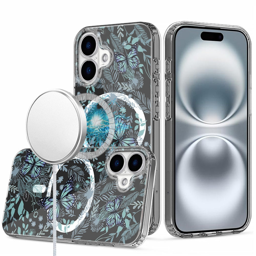 For iPhone 16 6.1inch Case Floral Print Clear Magnetic Circle + Tempered Glass