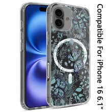 For iPhone 16 6.1inch Case Floral Print Clear Magnetic Circle + Tempered Glass
