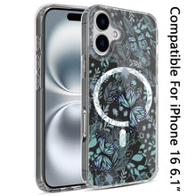 For iPhone 16 6.1inch Case Floral Print Clear Magnetic Circle + Tempered Glass