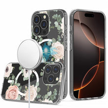 For iPhone 16 Pro 6.3in Case Floral Print Clear Magnetic Circle + Tempered Glass