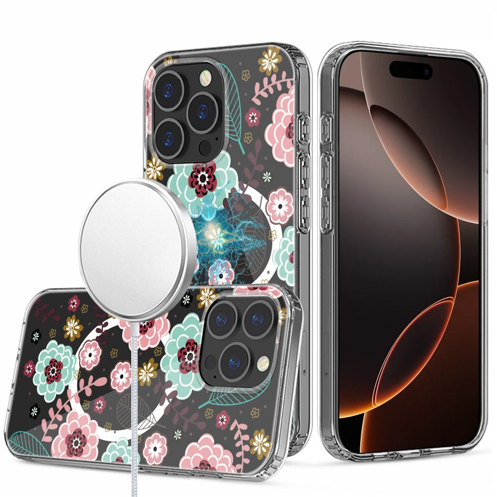 For iPhone 16 Pro 6.3in Case Floral Print Clear Magnetic Circle + Tempered Glass