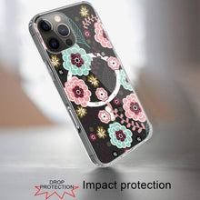 For iPhone 16 Pro 6.3in Case Floral Print Clear Magnetic Circle + Tempered Glass