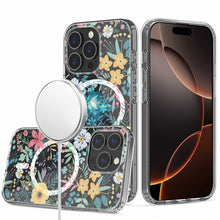 For iPhone 16 Pro 6.3in Case Floral Print Clear Magnetic Circle + Tempered Glass