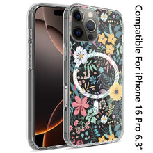 For iPhone 16 Pro 6.3in Case Floral Print Clear Magnetic Circle + Tempered Glass