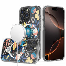 For iPhone 16 Pro 6.3in Case Floral Print Clear Magnetic Circle + Tempered Glass