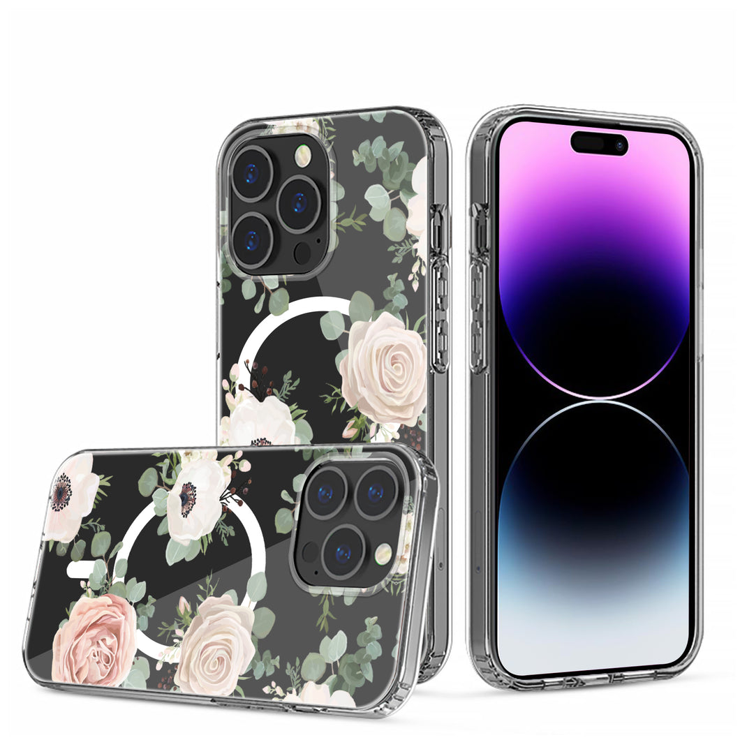 For iPhone 15 PRO Case Floral Print Clear Magnetic Charging + 2 Tempered Glass