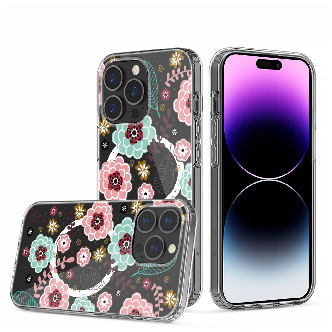 For iPhone 15 PRO Case Floral Print Clear Magnetic Charging + 2 Tempered Glass