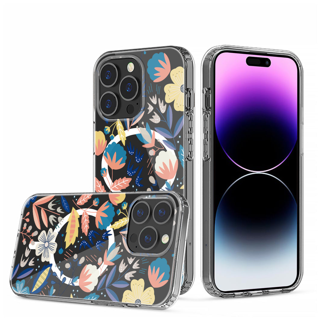 For iPhone 15 PLUS Case Floral Print Clear Magnetic Charging + 2 Tempered Glass