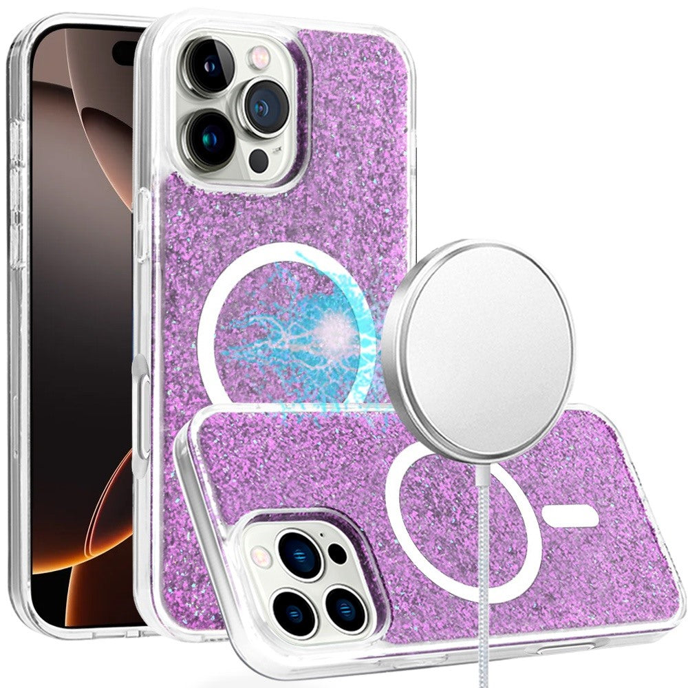 For iPhone 16 PRO MAX Case Magnetic Circle Epoxy Full Glitter + Tempered Glass