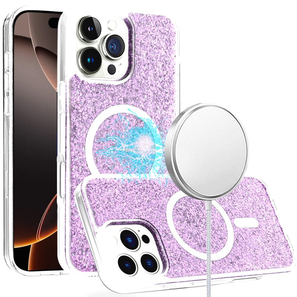 For iPhone 16 PRO MAX Case Magnetic Circle Epoxy Full Glitter + Tempered Glass