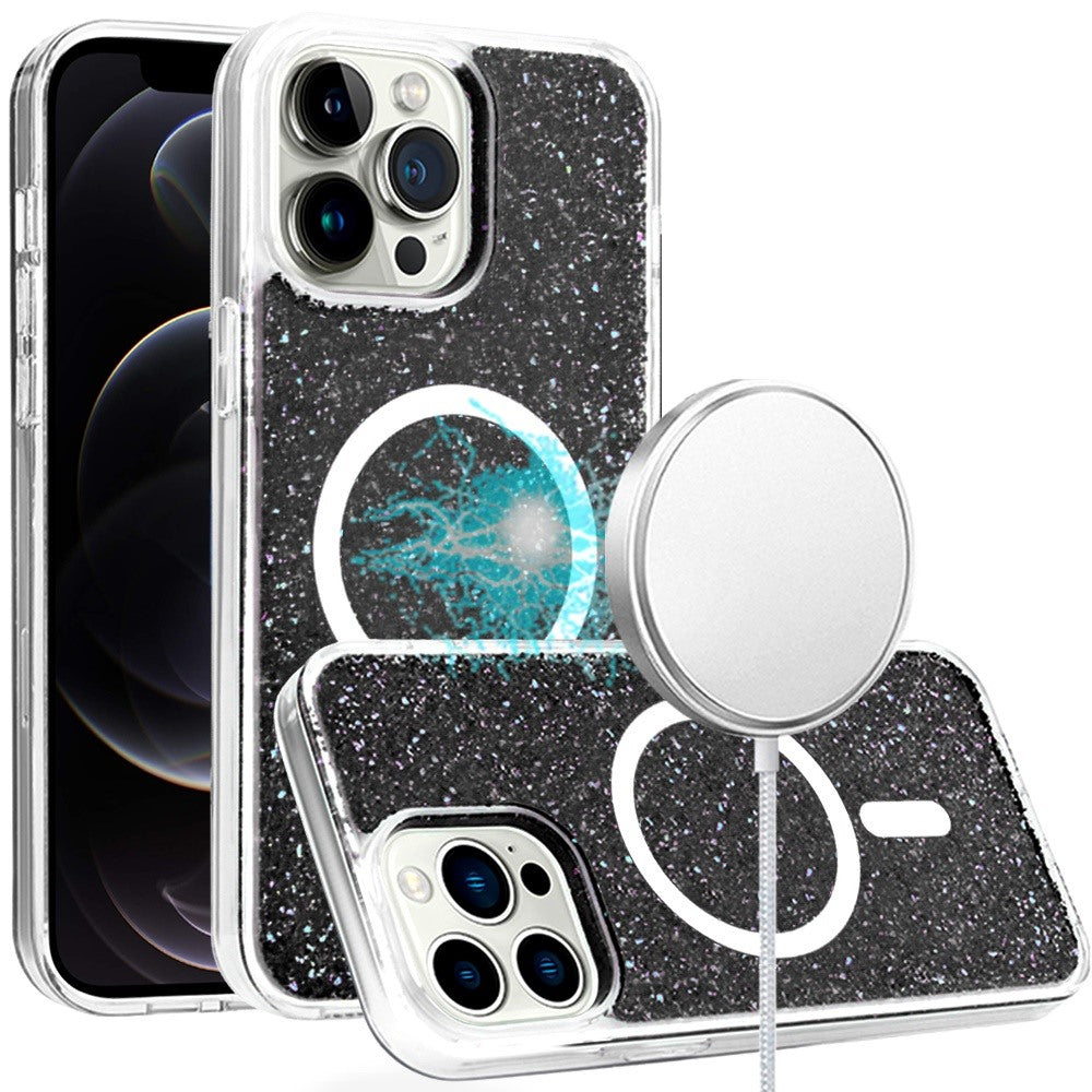 For iPhone 12 Pro Max Case Magnetic Ring Epoxy Full Glitter + Tempered Glass