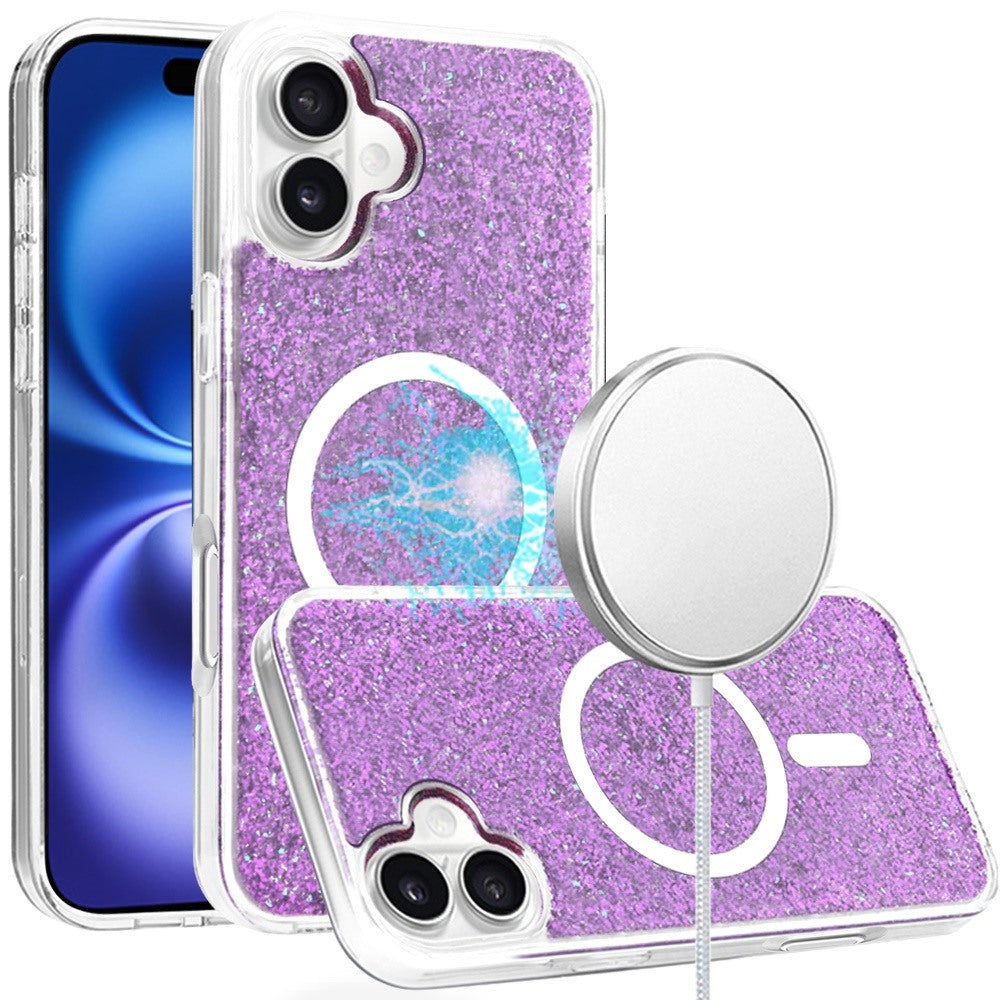 For iPhone 16 6.1inch Case Magnetic Circle Epoxy Full Glitter + Tempered Glass