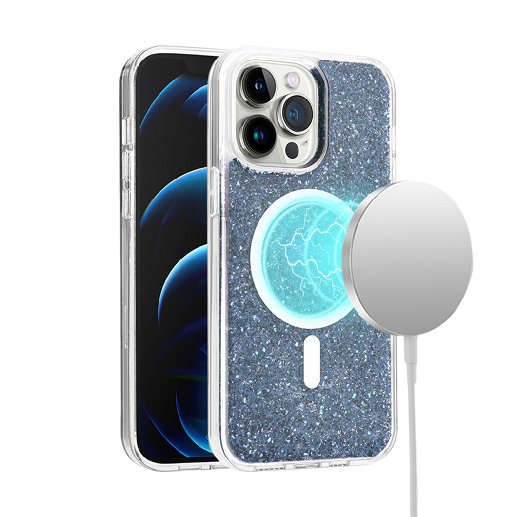 For iPhone 15 PLUS Case Magnetic Charging Epoxy Full Glitter +2 Tempered Glass