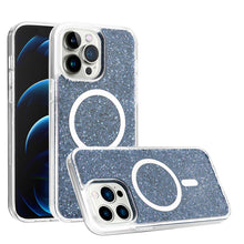 For iPhone 13/14 Case Magnetic Circle Epoxy Full Glitter Cover + Tempered Glass