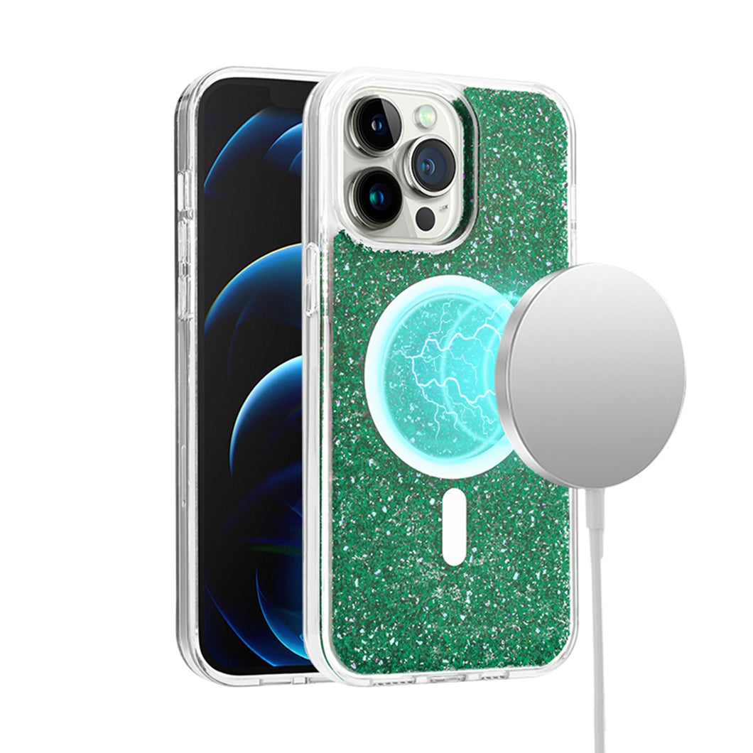 For iPhone 13/14 Case Magnetic Circle Epoxy Full Glitter Cover + Tempered Glass