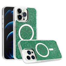 For iPhone 13/14 Case Magnetic Circle Epoxy Full Glitter Cover + Tempered Glass