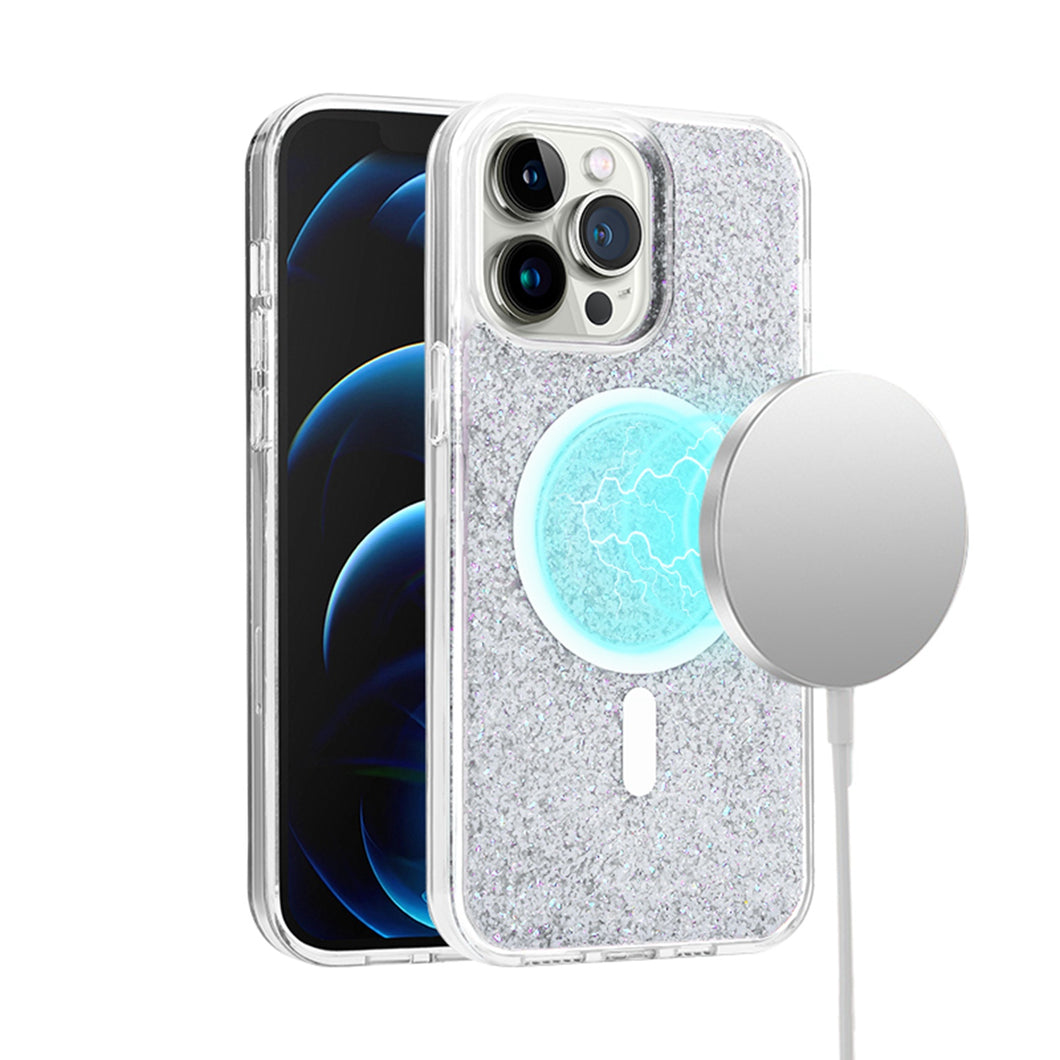 For iPhone 15 Pro Max Case Magnet Circle Epoxy Full Glitter +2 Screen Protectors