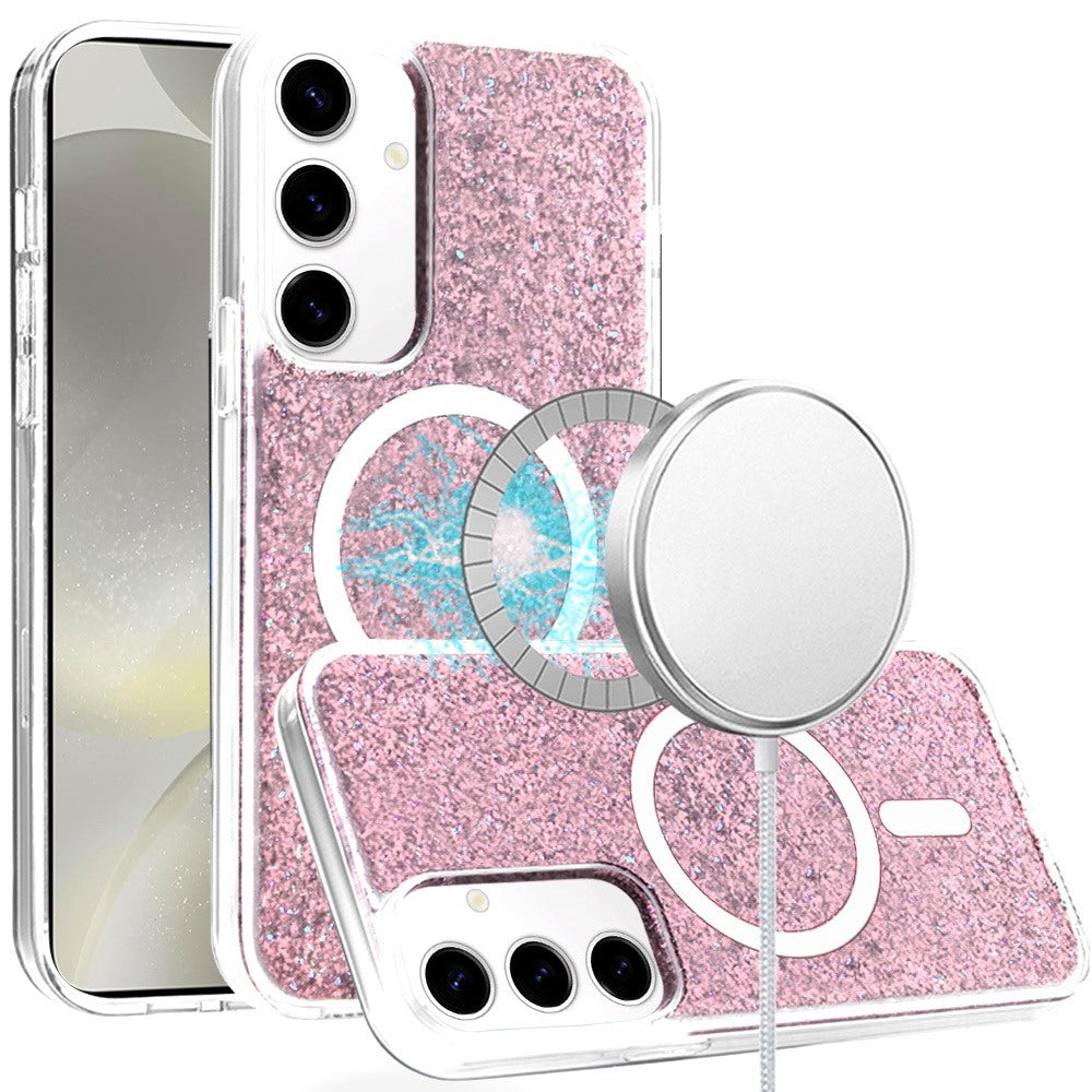 For Samsung S25/S24 Case Magnetic Circle Epoxy Full Glitter + Tempered Glass