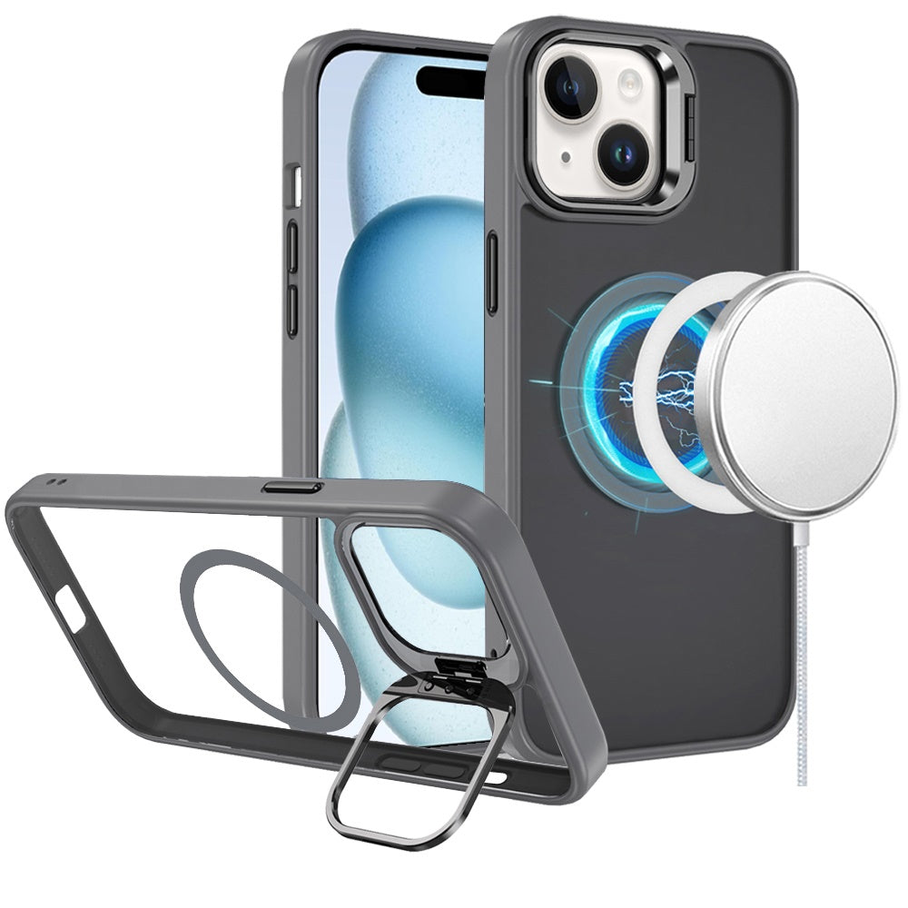 For iPhone 15 Case Magnetic Circle w/ Camera Lens Stand + 2 Tempered Glass