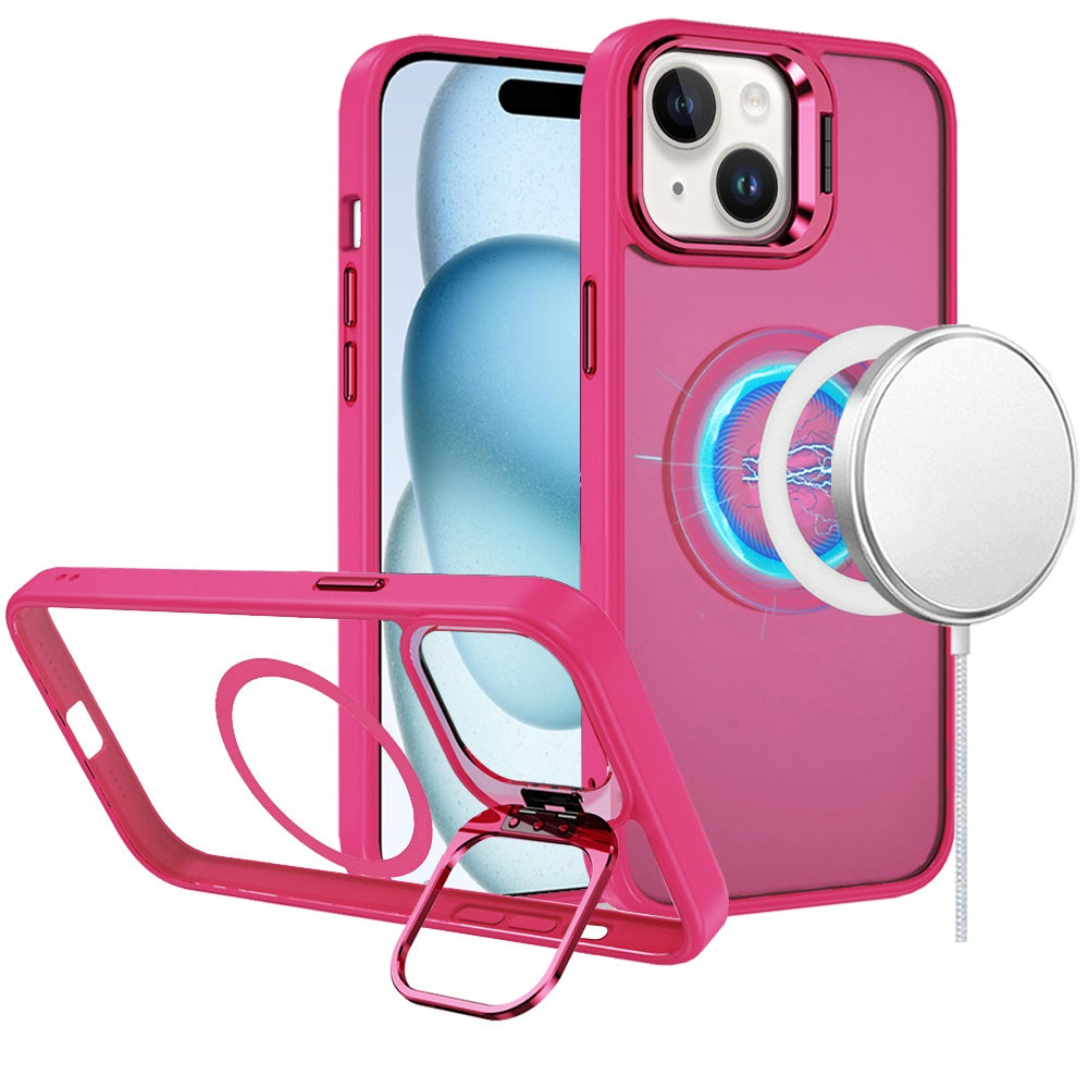 For iPhone 15 Case Magnetic Circle w/ Camera Lens Stand + 2 Tempered Glass