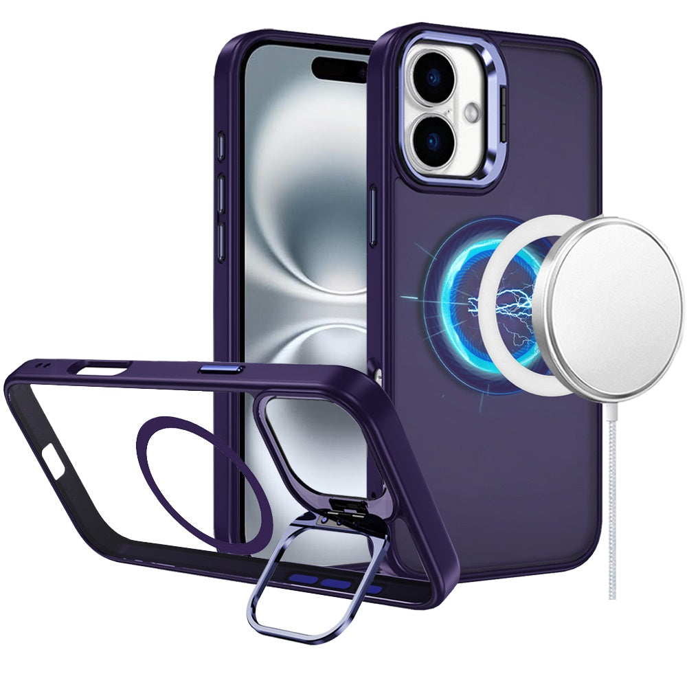 For iPhone 16 6.1inch Case Magnetic Circle w/ Camera Lens Stand + Tempered Glass