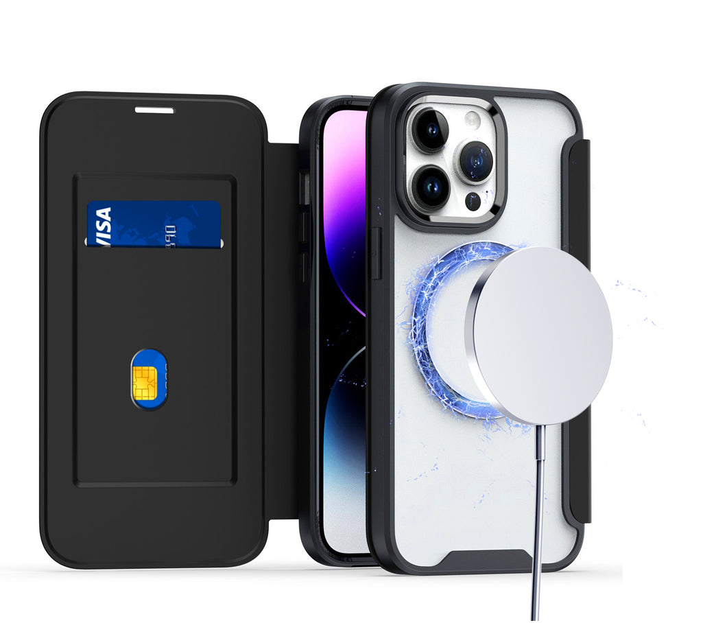 For iPhone 15 Case Bank Card Flap Folio Cover Magnetic Circle + 2 Tempered Glass