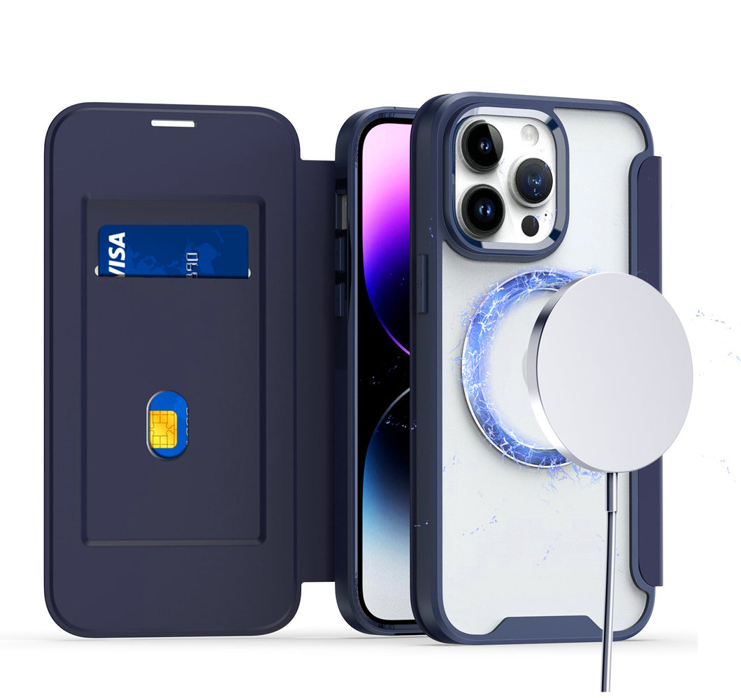 For iPhone 15 PRO Case Bank Card Flap Magnetic Charging Cover + 2 Tempered Glass