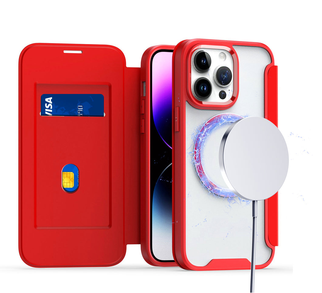 For iPhone 12/12 Pro Case Single Card with Flap Magnetic Circle + Tempered Glass