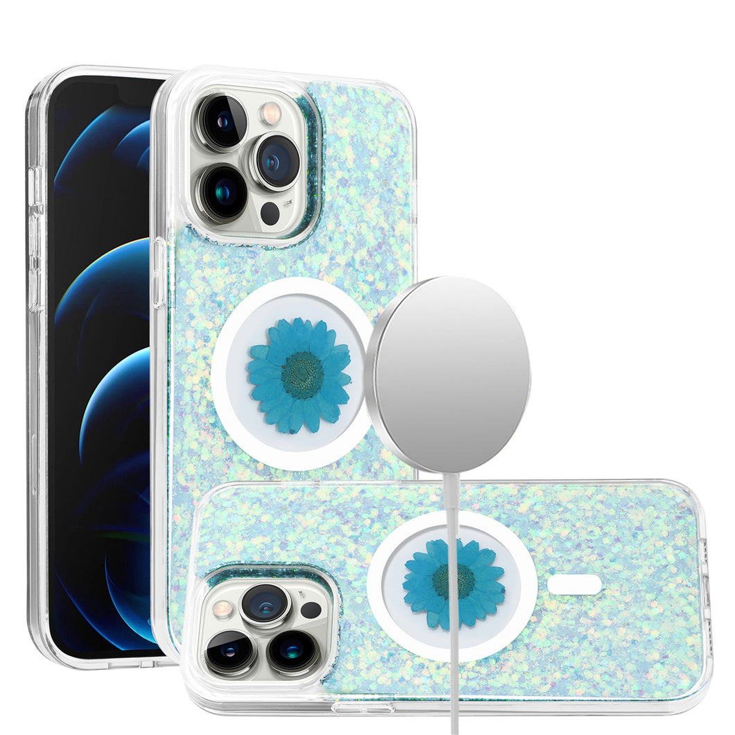 For iPhone 13/14 Case Epoxy Real Flower Glitter Hybrid Cover + Tempered Glass