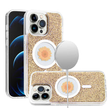 For iPhone 15 Case Magnetic Circle Epoxy Flower Glitter Cover + 2 Tempered Glass