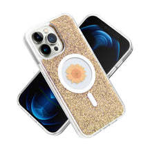 For iPhone 15 Case Magnetic Circle Epoxy Flower Glitter Cover + 2 Tempered Glass