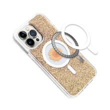 For iPhone 15 Case Magnetic Circle Epoxy Flower Glitter Cover + 2 Tempered Glass