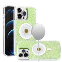 For iPhone 13/14 Case Epoxy Real Flower Glitter Hybrid Cover + Tempered Glass