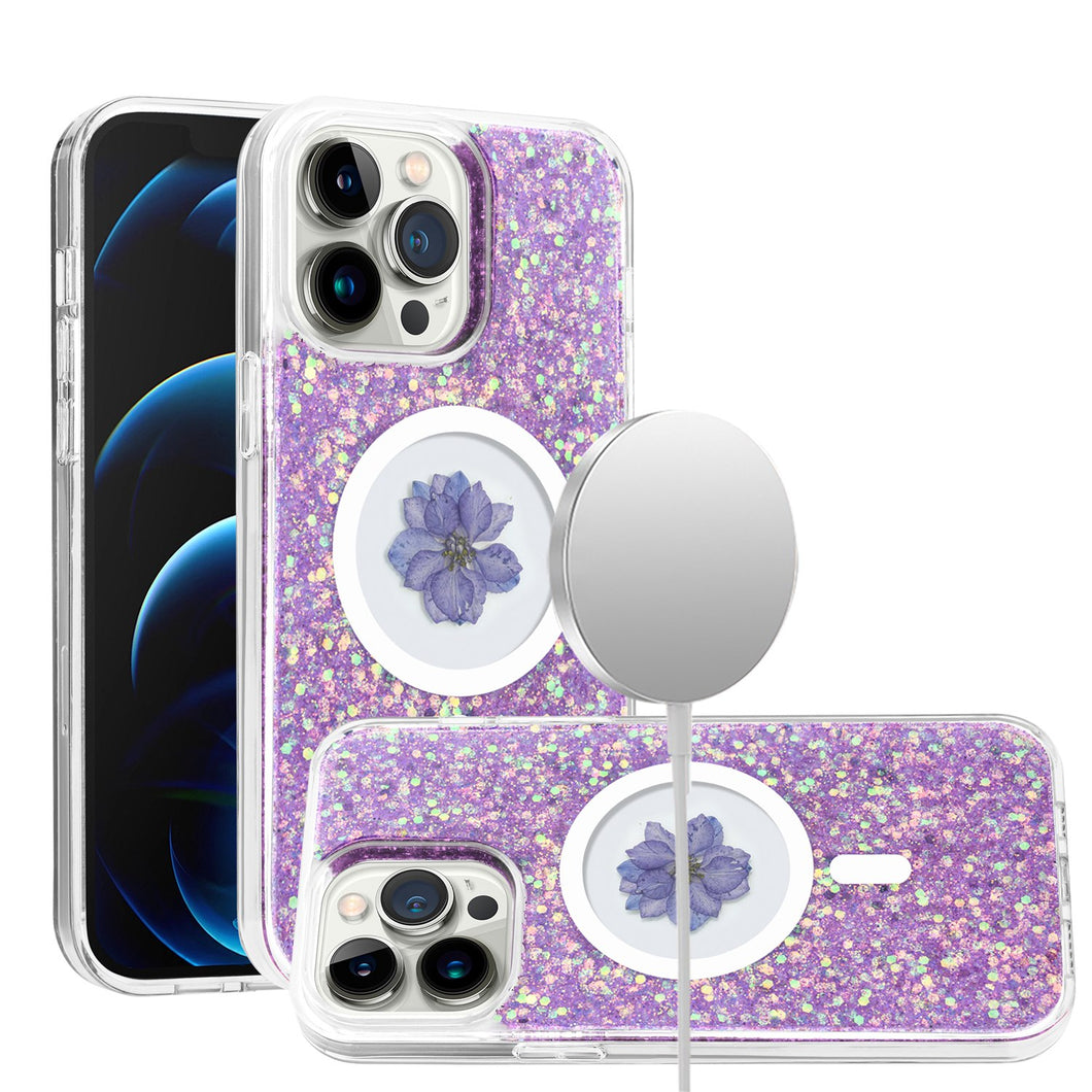 For iPhone 15 PRO Case Epoxy Real Flower Glitter Hybrid Cover + 2 Tempered Glass