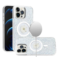 For iPhone 13/14 Case Epoxy Real Flower Glitter Hybrid Cover + Tempered Glass