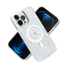 For iPhone 13/14 Case Epoxy Real Flower Glitter Hybrid Cover + Tempered Glass